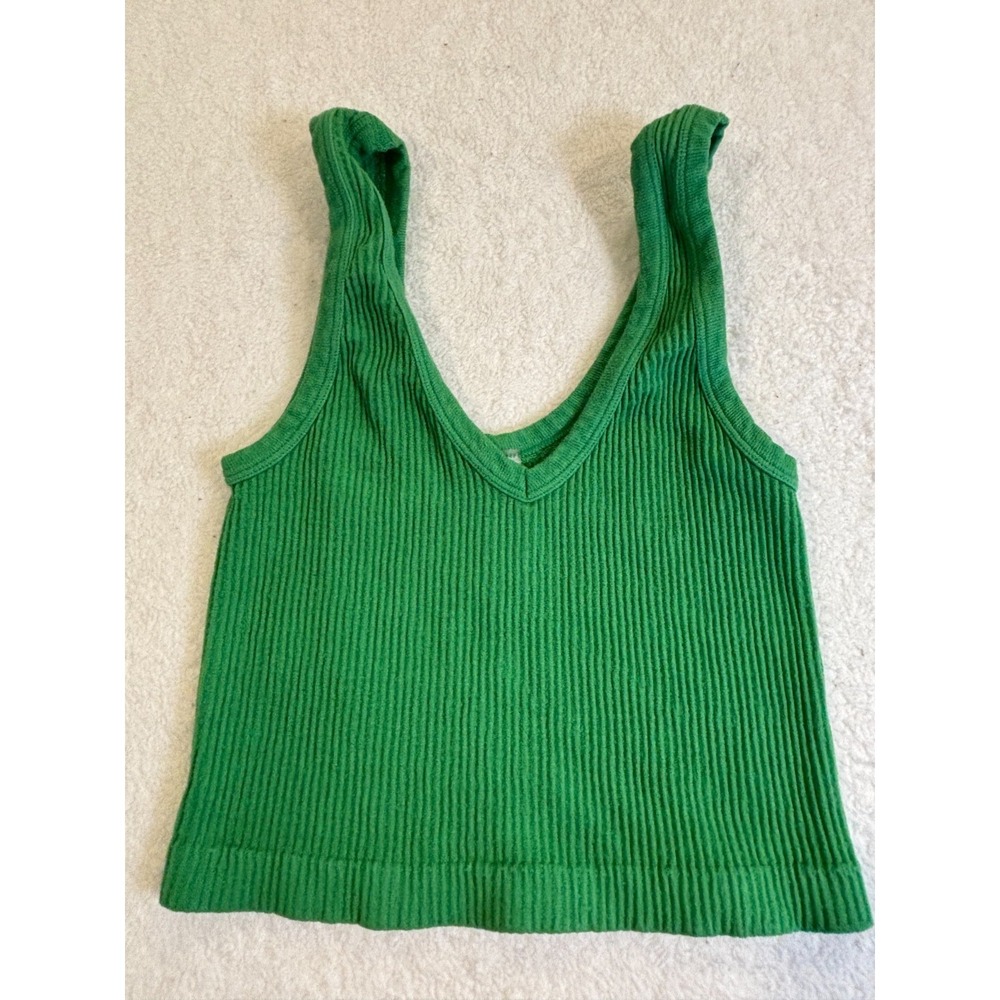 Mono B Ribbed Seamless Crop Tank Top Womens Small Green Nylon Stretch Sleeveless